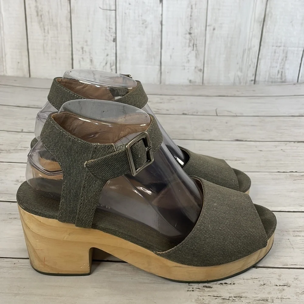 Kelsi Dagger Brooklyn Gray Denim Wooden Platform Heel Sandals